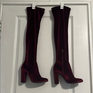 Burgundy velvet over the knee boots
